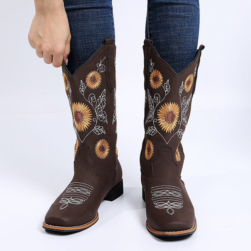 Boho Cowboy Boots w/ Sunflower Embroidery