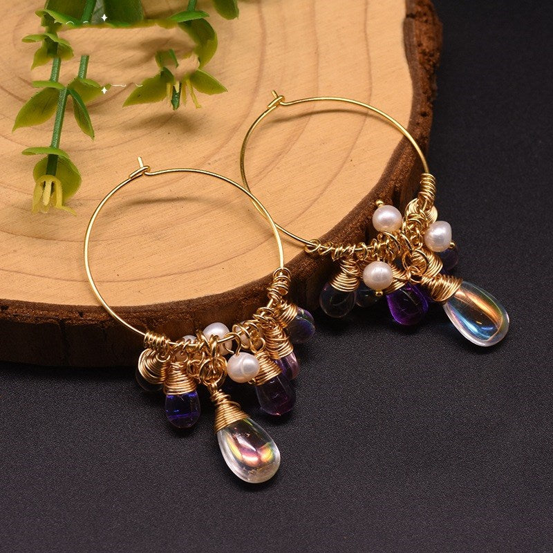 Natural Pearl & Czech Crystal Hoops