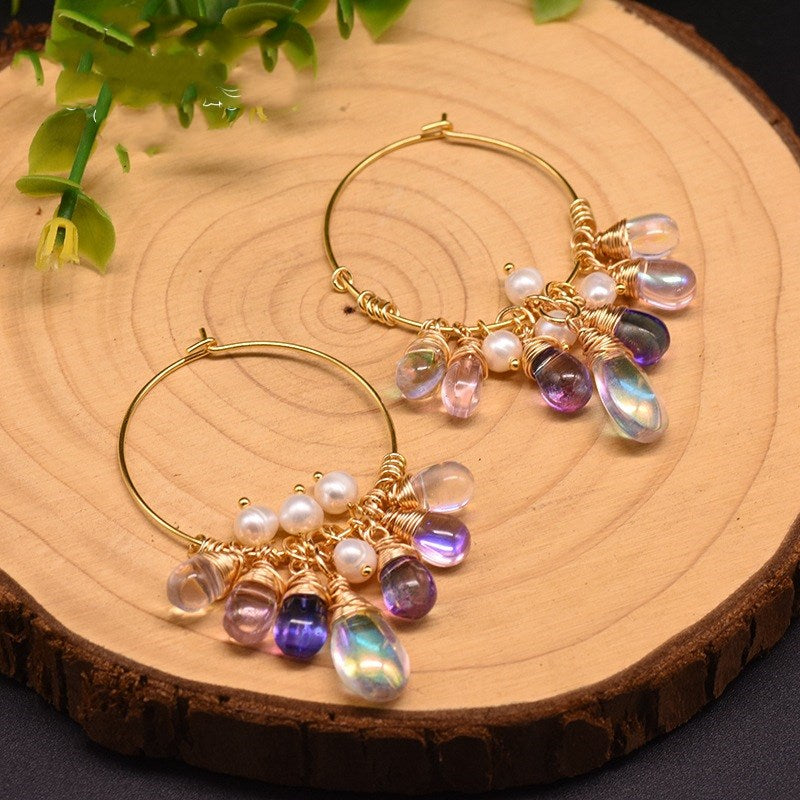 Natural Pearl & Czech Crystal Hoops