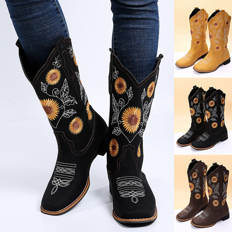 Boho Cowboy Boots w/ Sunflower Embroidery