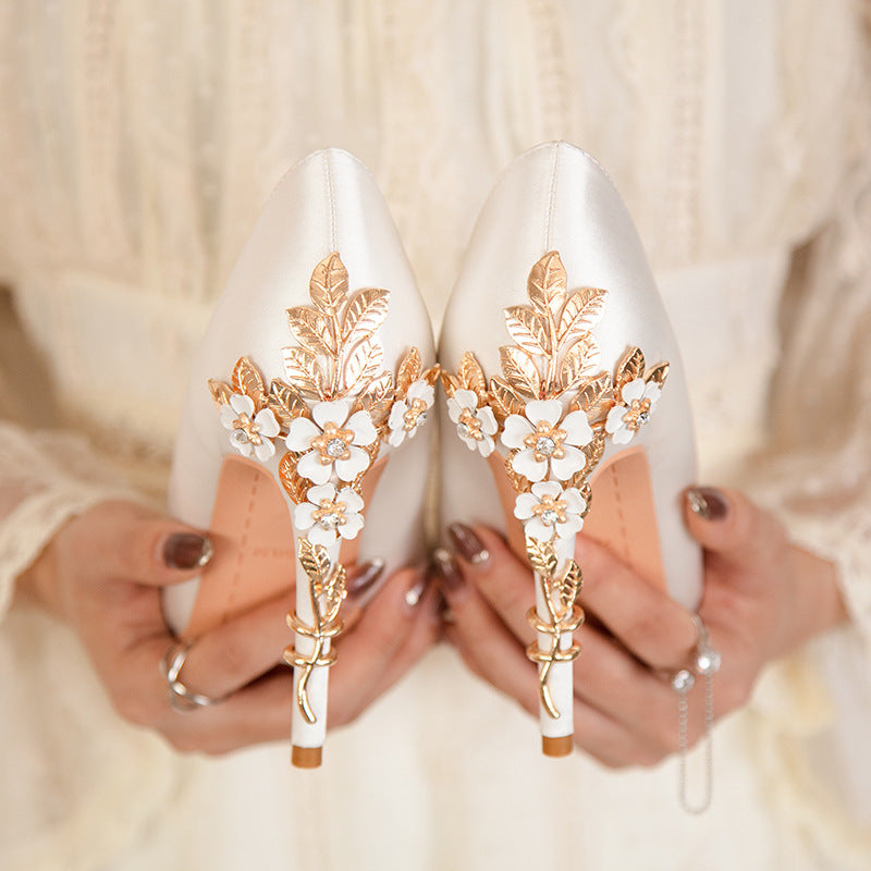Vintage Flower Stiletto Heel Satin Shoes