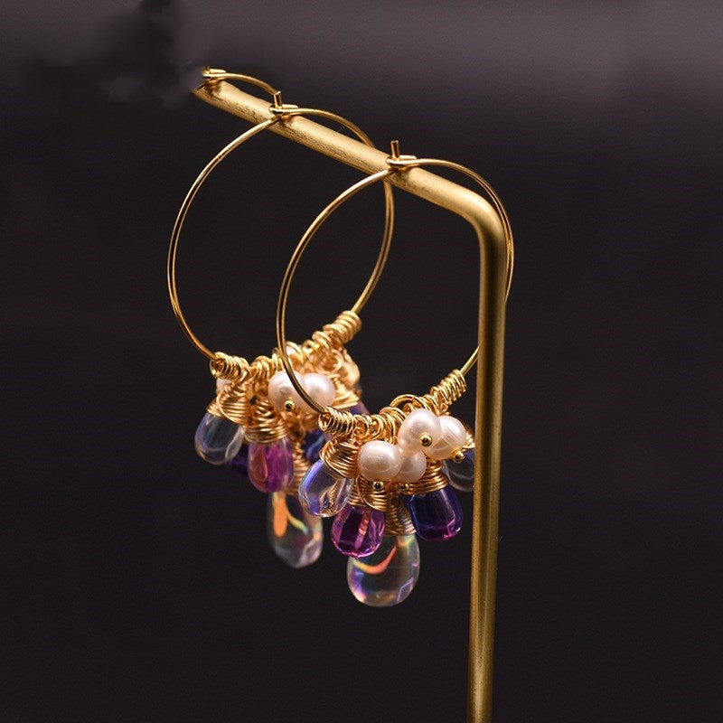Natural Pearl & Czech Crystal Hoops