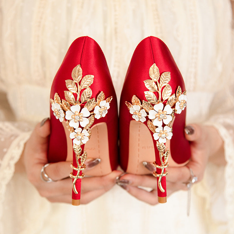Vintage Flower Stiletto Heel Satin Shoes
