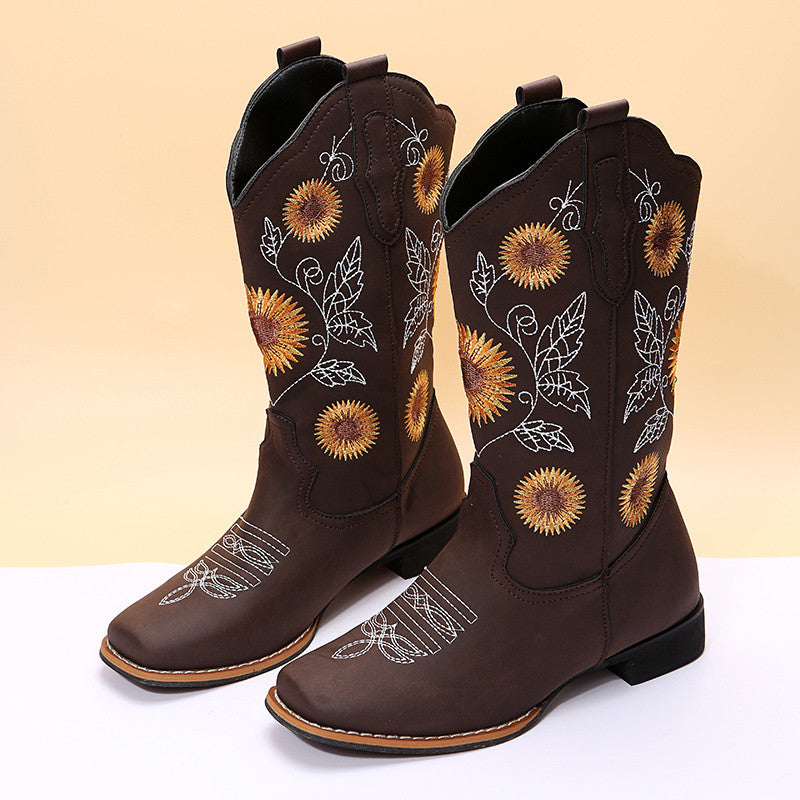 Boho Cowboy Boots w/ Sunflower Embroidery