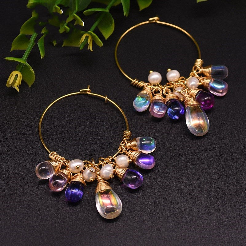 Natural Pearl & Czech Crystal Hoops