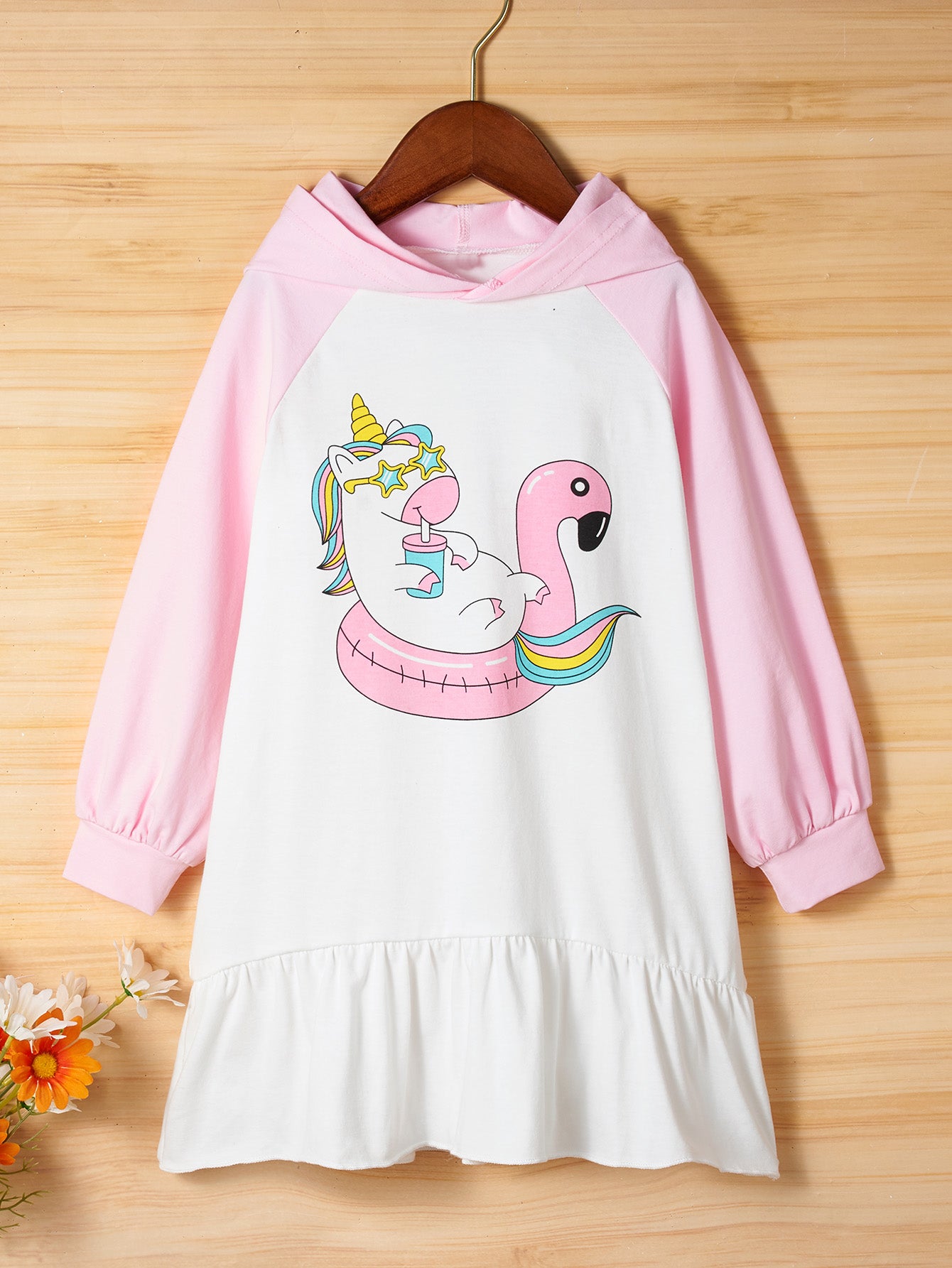 Girls Ruffle Hem Raglan Sleeve Hooded Dress