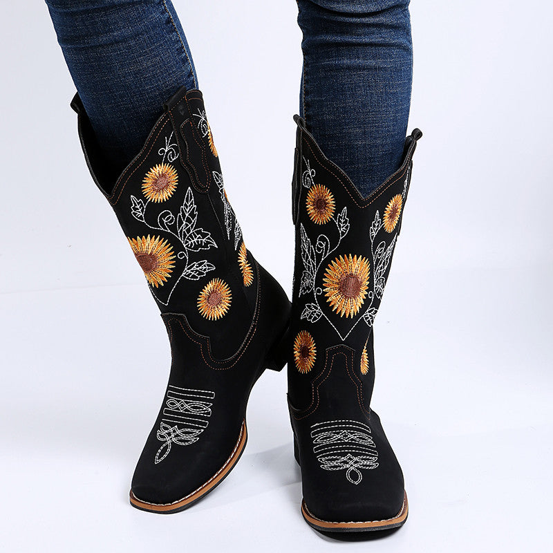 Boho Cowboy Boots w/ Sunflower Embroidery