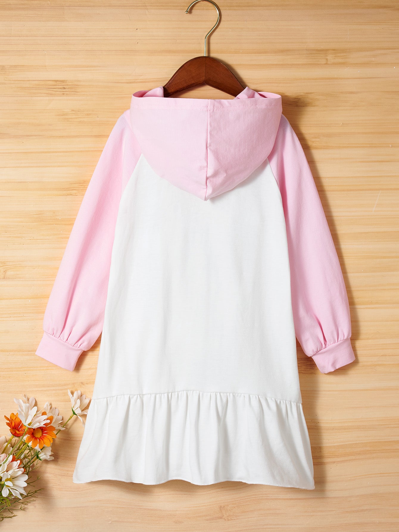 Girls Ruffle Hem Raglan Sleeve Hooded Dress