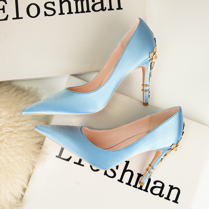 Vintage Flower Stiletto Heel Satin Shoes
