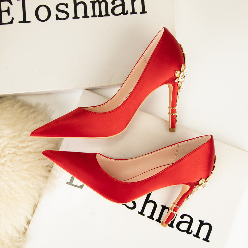 Vintage Flower Stiletto Heel Satin Shoes