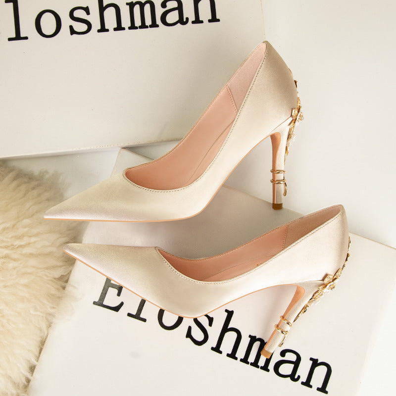 Vintage Flower Stiletto Heel Satin Shoes