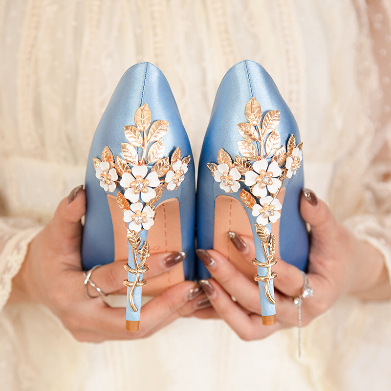 Vintage Flower Stiletto Heel Satin Shoes