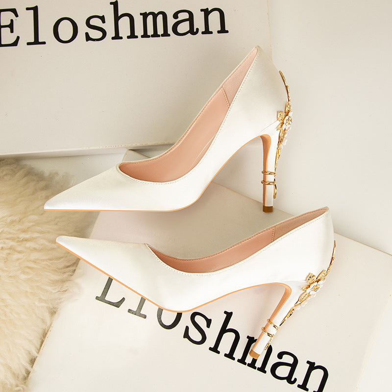 Vintage Flower Stiletto Heel Satin Shoes